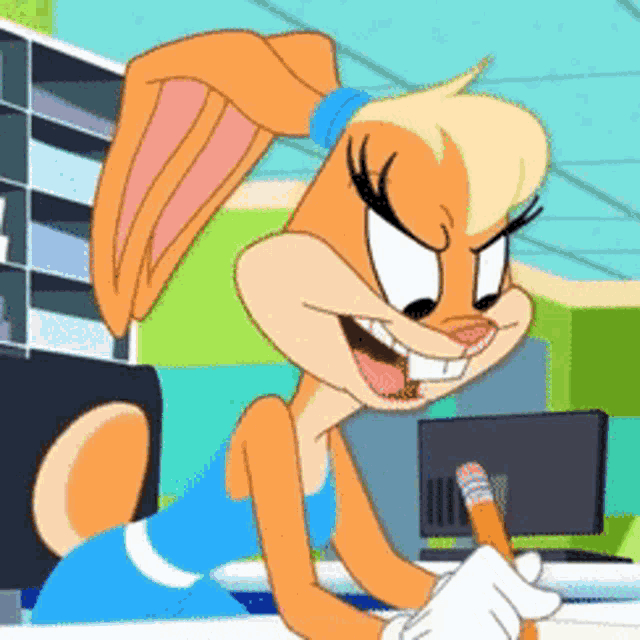 a cartoon character named lola bunny is writing on a piece of paper with a pencil