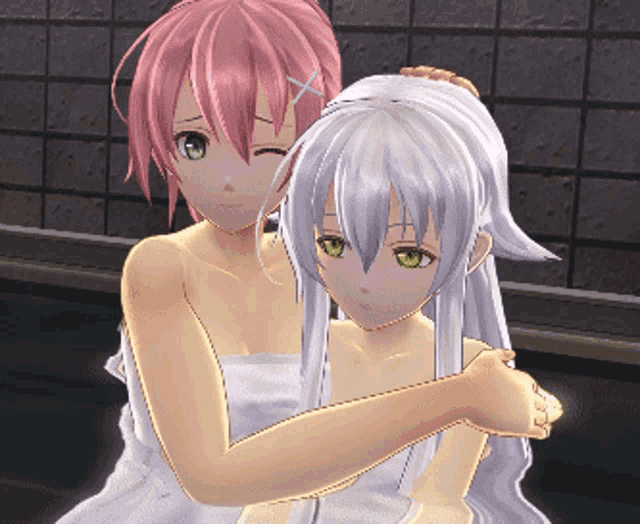 a girl with pink hair and a girl with white hair are hugging each other