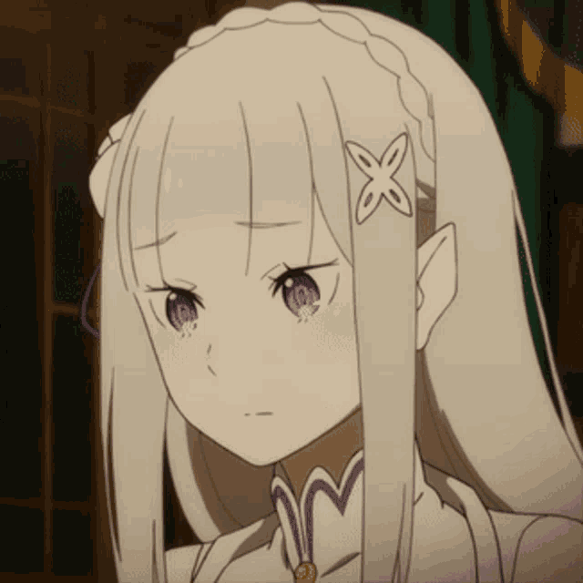 a girl with white hair and purple eyes has a flower on her head