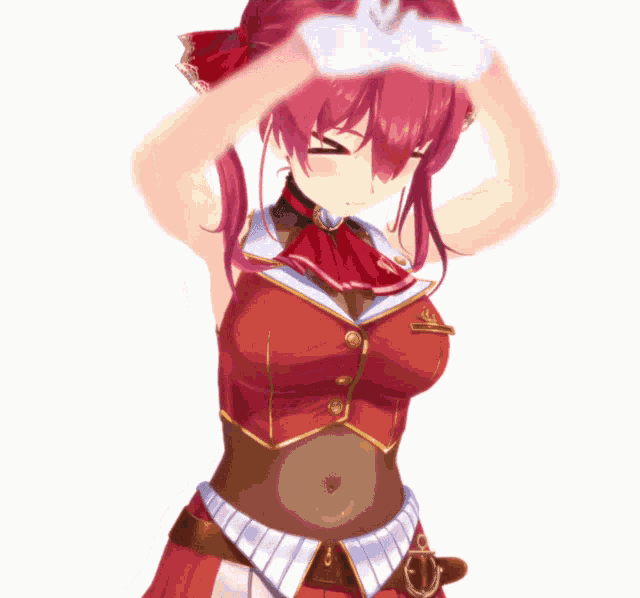 a girl with red hair is wearing a red top with gold buttons