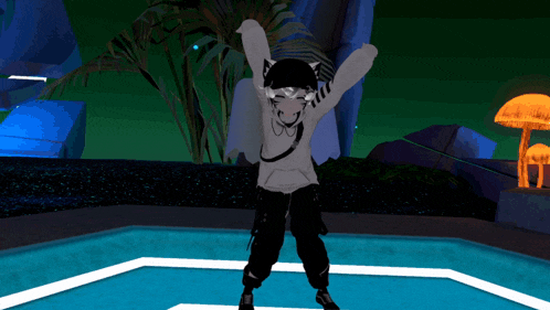 a cartoon character is standing in front of a pool