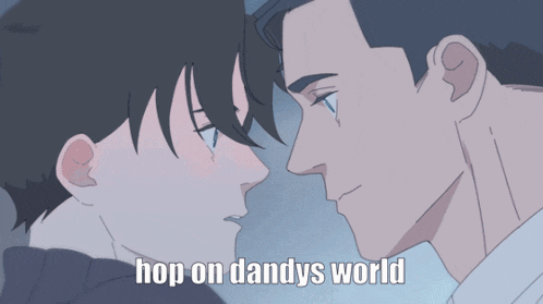 a cartoon of two men kissing with the words hop on dandys world above them