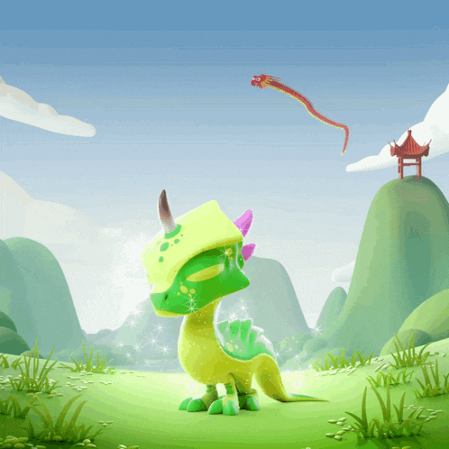 a cartoon of a green dragon with a yellow hat on