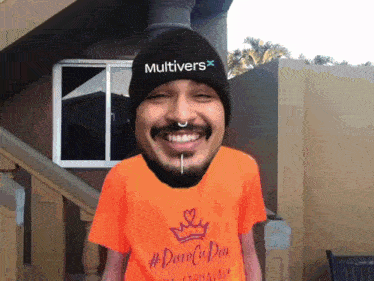 a man wearing a beanie that says multivers x