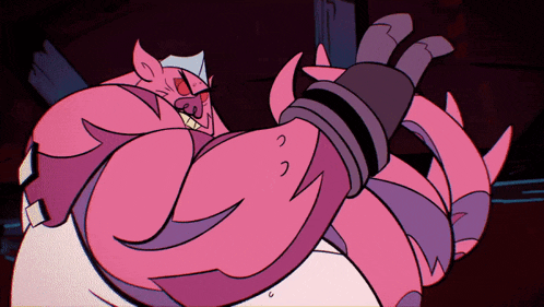 a cartoon drawing of a pink monster with a glove on his arm