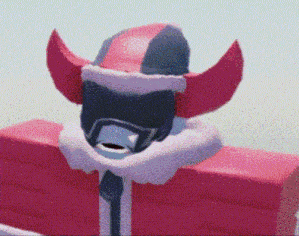a cartoon character is wearing a santa hat and a helmet with horns .