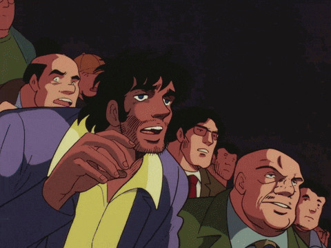 a cartoon of a man in a purple suit with a yellow tie