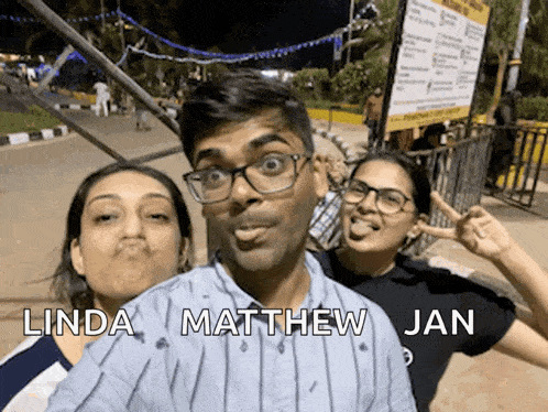 a man and two women are posing for a selfie with the name linda and matthew