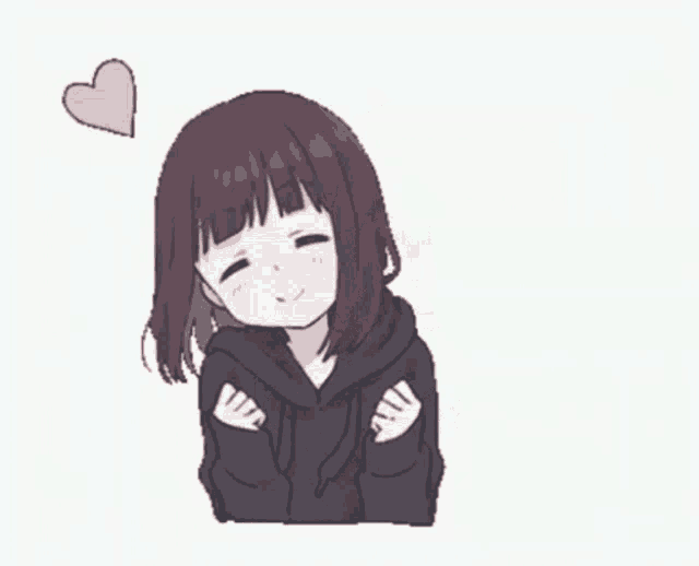 a girl in a black hoodie is smiling with a pink heart above her head .