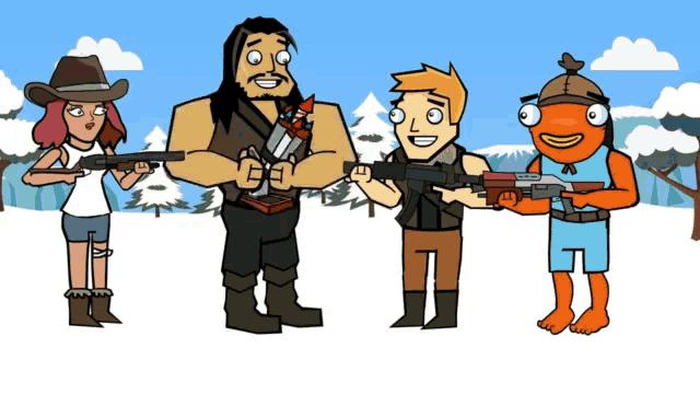 a group of cartoon characters holding guns including a fish man