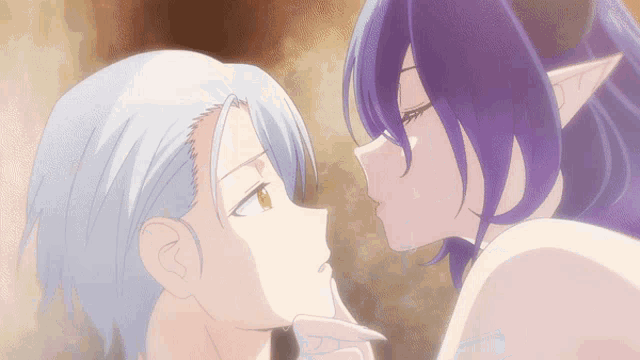 a couple of anime characters are kissing and one has purple hair