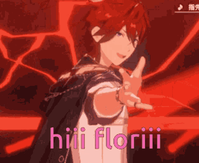 a red haired anime character with the words hiii floriii written on the bottom