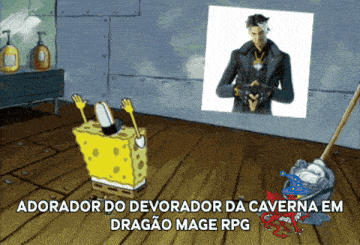 a cartoon of spongebob standing in front of a picture of dr. strange