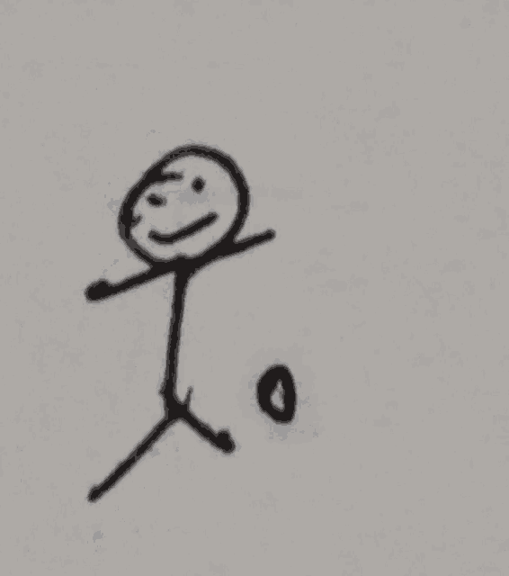 a stick figure is kicking a soccer ball with a smile on his face .