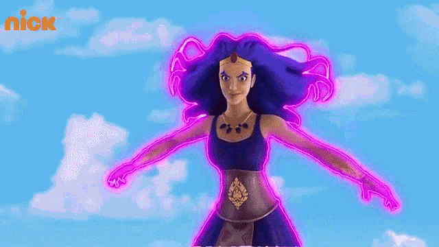a cartoon character with purple hair and purple gloves is standing in front of a blue sky with clouds .