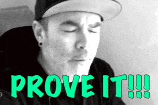 a man wearing a hat says prove it in green