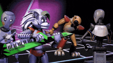 a group of robots are playing instruments and one of them has the word staff on his chest