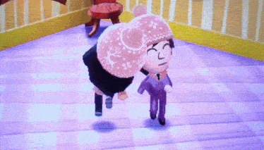 a cartoon character wearing a pink hat stands next to a man in a suit