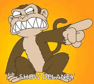 a cartoon monkey is pointing at something with the words show delaney below it .