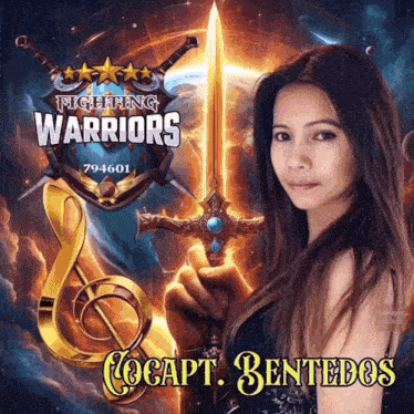 a woman holding a sword with the words fighting warriors on the top