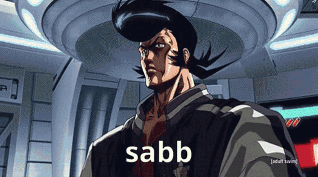 a cartoon of a man with the word sabb written on his face