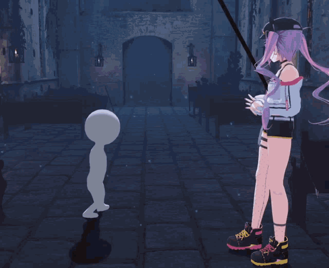 a girl with purple hair is standing next to a statue