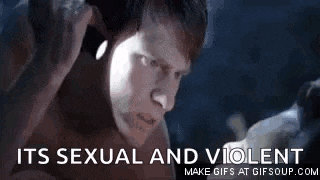 a man is laying in bed with a flashlight on his face and the words `` it 's sexual and violent '' .