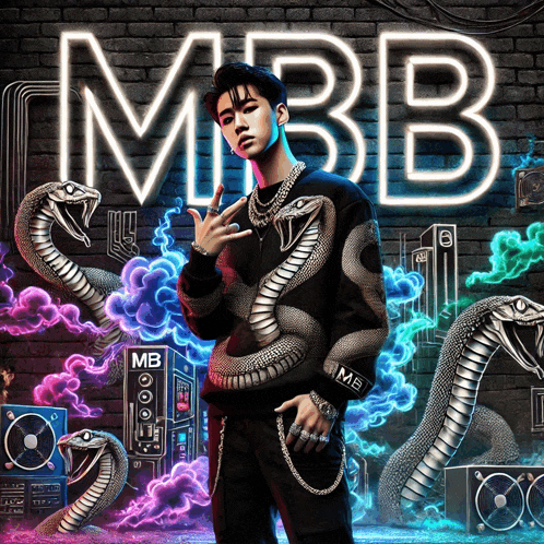 a man with a snake on his sleeve stands in front of a neon sign that says mbb
