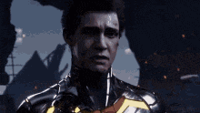 a man in a superhero costume is standing in front of a destroyed city .