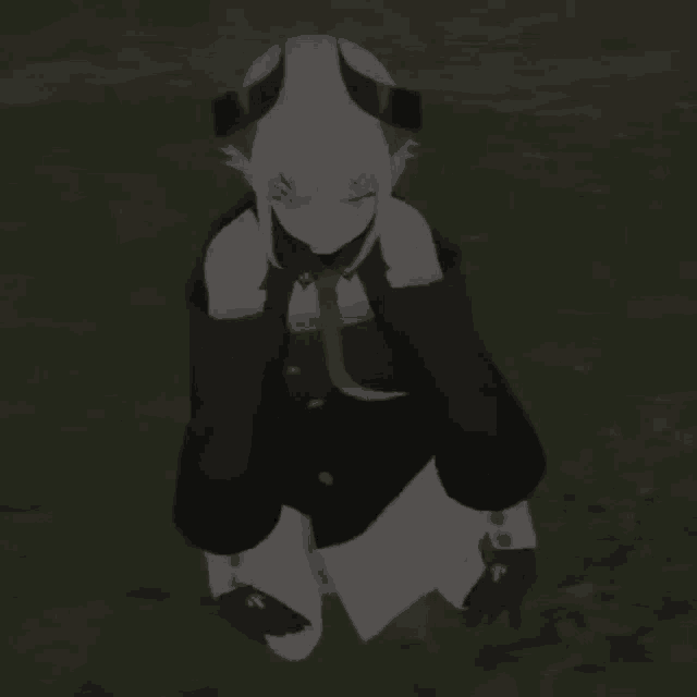 a cartoon character with horns is sitting in the grass covering her ears .
