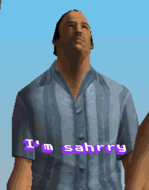 a pixelated image of a man with the words " i 'm sahrry " on his shirt