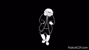 a black and white drawing of sans from undertale is dancing on a black background .