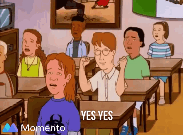 a cartoon of people in a classroom with the words yes yes on the bottom right