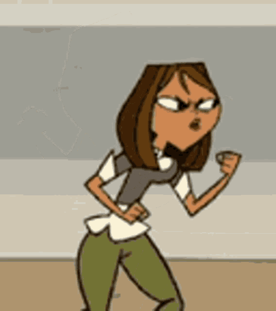a cartoon character is standing with her fist in the air and looking angry .