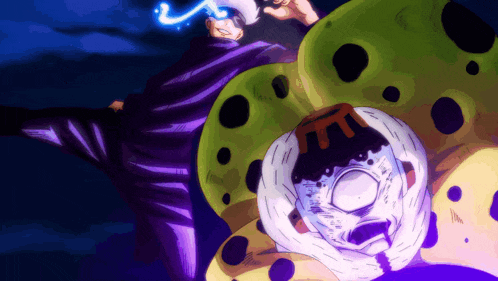 a man in a purple suit is kicking a monster in the face