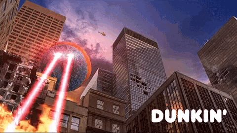an advertisement for dunkin ' shows a city being destroyed by an alien