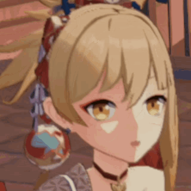 a close up of a girl 's face in a video game with a choker .
