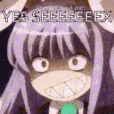 a cartoon girl with purple hair and white ears is making a funny face with a green leaf in her mouth .