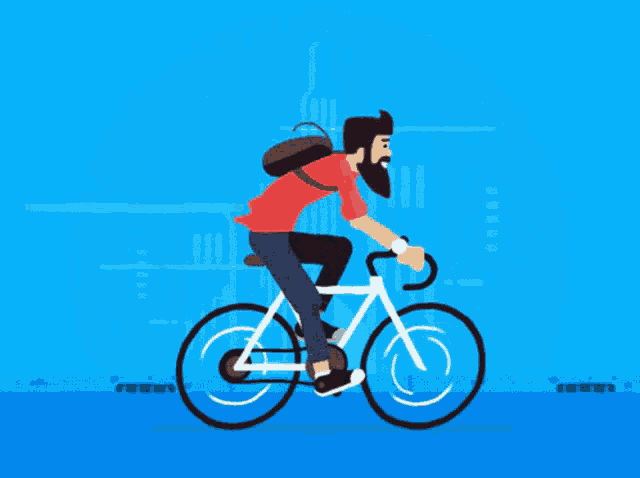 a man with a backpack is riding a bicycle