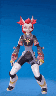 a cartoon character with red hair and a fox mask