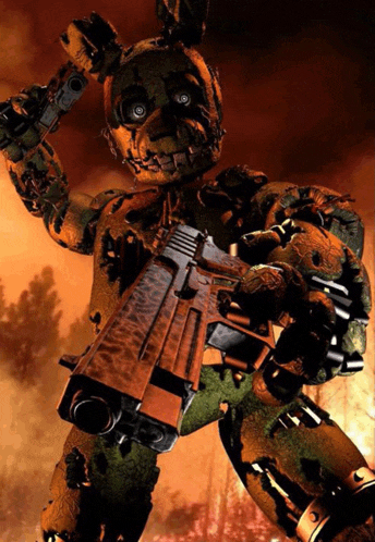 a picture of a bunny holding a gun with a fire in the background