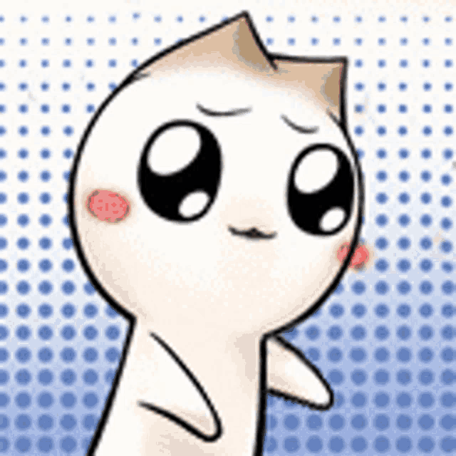 a cartoon character with a sad look on his face is standing in front of a blue polka dot background .