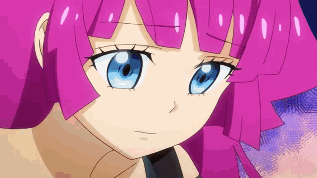 a girl with pink hair and blue eyes is looking at the camera .