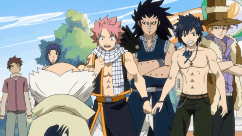 a group of anime characters are standing next to each other and one has a scarf around his neck