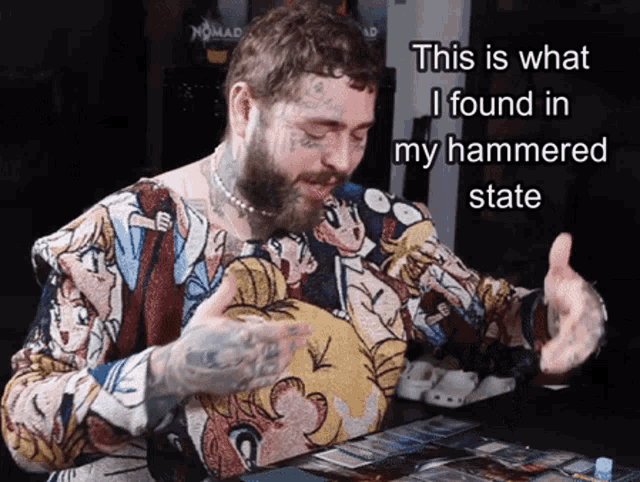 a man with a beard is wearing a sweater that says " this is what i found in my hammered state " on it