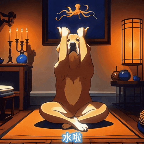 a cartoon of a dog sitting on a rug with a picture of an octopus on the wall behind him
