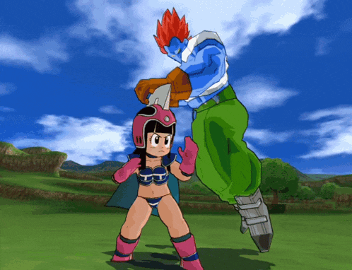 a girl in a pink helmet is standing next to a man in green pants in a video game