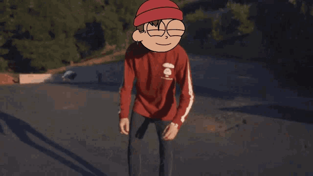 a cartoon character is holding a skateboard with a sticker on it that says skull