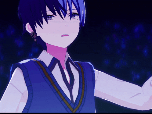 a cartoon character with blue hair is wearing a blue vest and white shirt