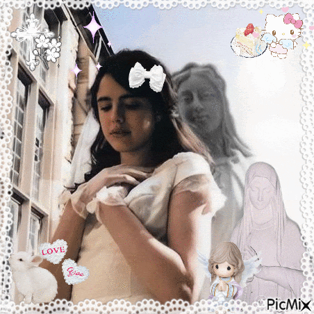 a girl in a bride 's dress with a bow in her hair is surrounded by hearts and a hello kitty character